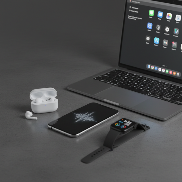 Wireless earbuds, smartphone, smartwatch, and laptop arranged on a dark surface — electronics and gadgets collection"