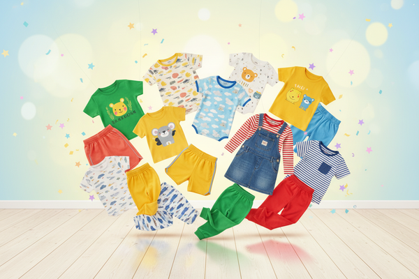 Colorful kids clothing and fashion collection featuring playful styles for boys and girls" "Cute and comfortable children's clothing including tops, pants, dresses and accessories" "Kids fashion collection with bright and fun outfits for every occasion"